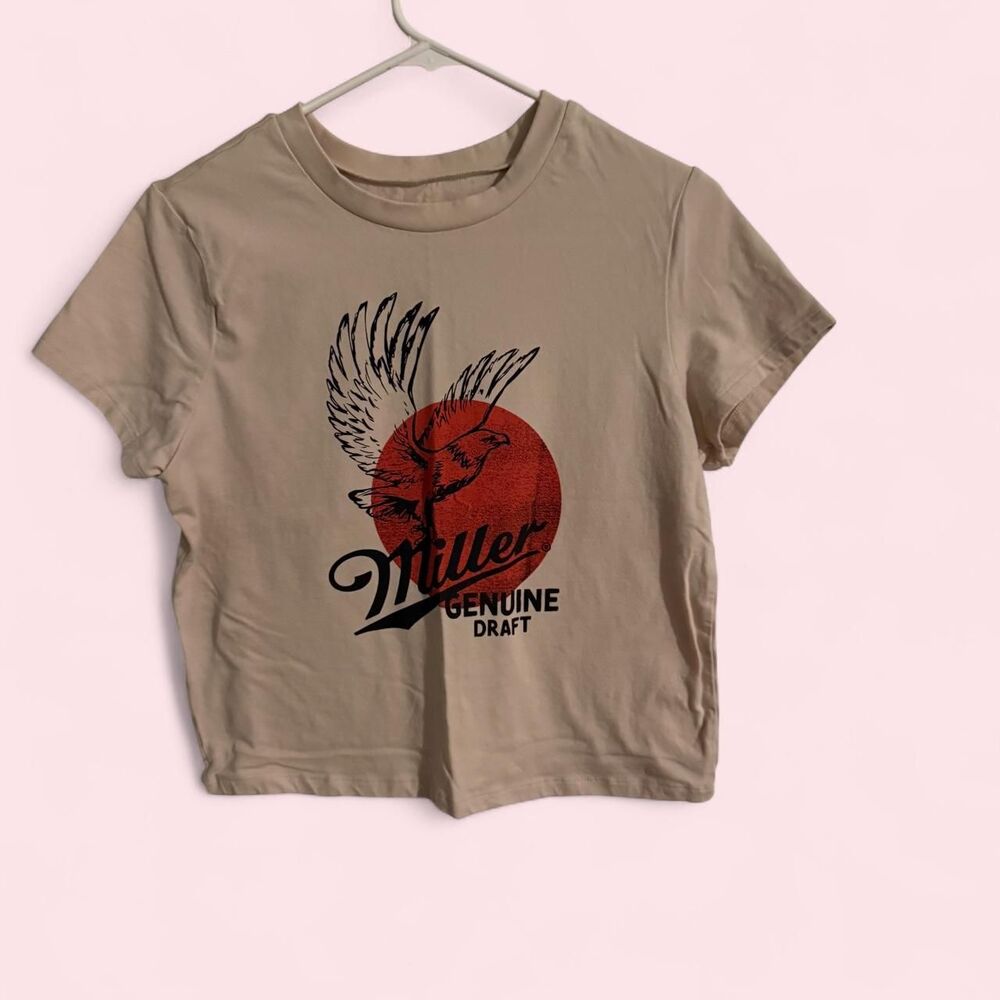 Hybrid Apparel crop top women L beige Miller Genuine Draft eagle retro